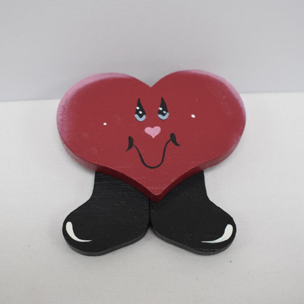 Vintage 90s Wooden Painted Smiling Heart w/ Feet Brooch Pin Cottagecore Kitsch